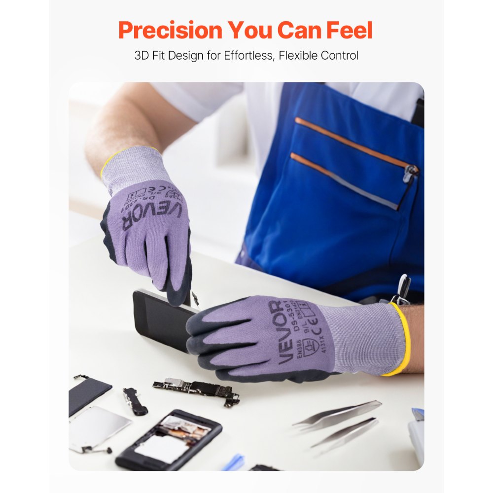 Guantes de trabajo (12 pares) con revestimiento de nitrilo para pantalla táctil, para jardinería y construcción
