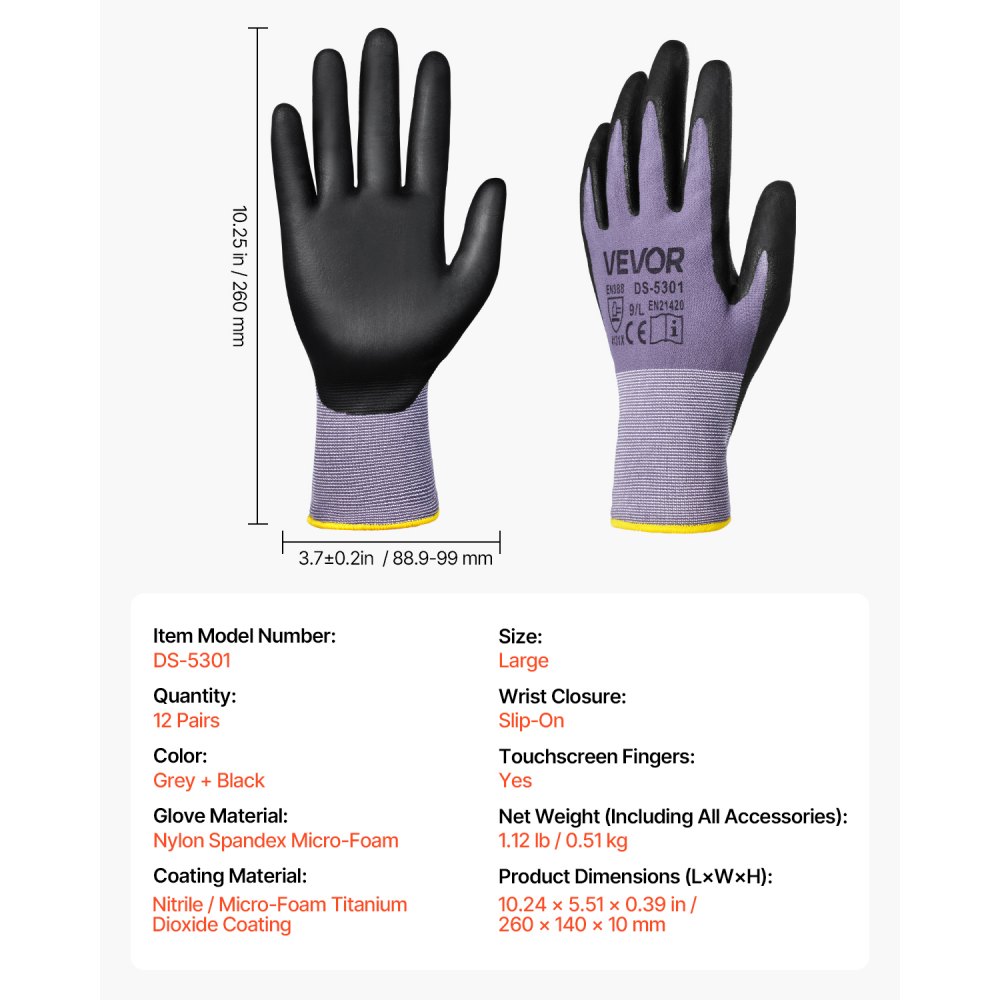 Guantes de trabajo (12 pares) con revestimiento de nitrilo para pantalla táctil, para jardinería y construcción