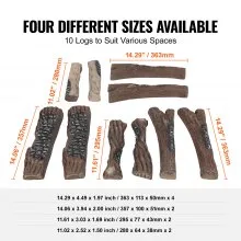 VEVOR 10 Piezas de Leños para Chimenea de Gas, Grandes Leños de Cerámica para Chimenea Decorativa, Leños de Madera Resistentes al Calor, Leños Realistas de Gas, Ramas de Madera Apilables para Chimenea de Gas, Chimenea Interior o Exterior