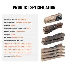 VEVOR 10 Piezas de Leños para Chimenea de Gas, Grandes Leños de Cerámica para Chimenea Decorativa, Leños de Madera Resistentes al Calor, Leños Realistas de Gas, Ramas de Madera Apilables para Chimenea de Gas, Chimenea Interior o Exterior