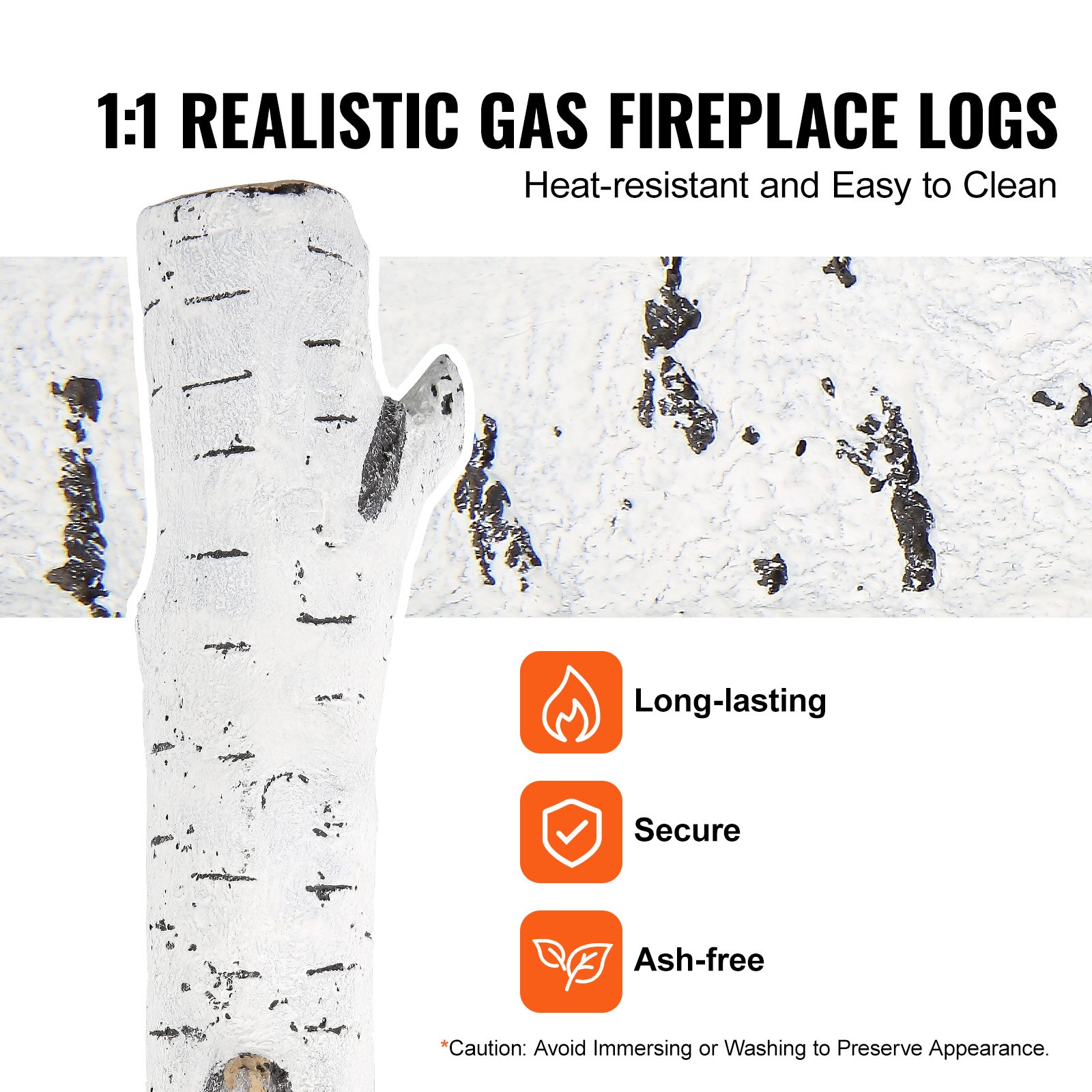 VEVOR 6 piezas grandes de troncos de abedul, troncos de cerámica para chimenea de gas, troncos de madera resistentes al calor, troncos realistas de gas, ramas de madera apilables para chimenea de gas, chimenea interior o exterior