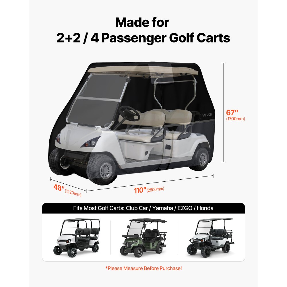 VEVOR Funda para Carrito de Golf de Tela Oxford 420D, Cubierta Impermeable para 2+2/4 Pasajeros con 3 Puertas Laterales con Bandas Reflectantes, Cremallera, Compatible con Honda Yamaha Club Car EZGO