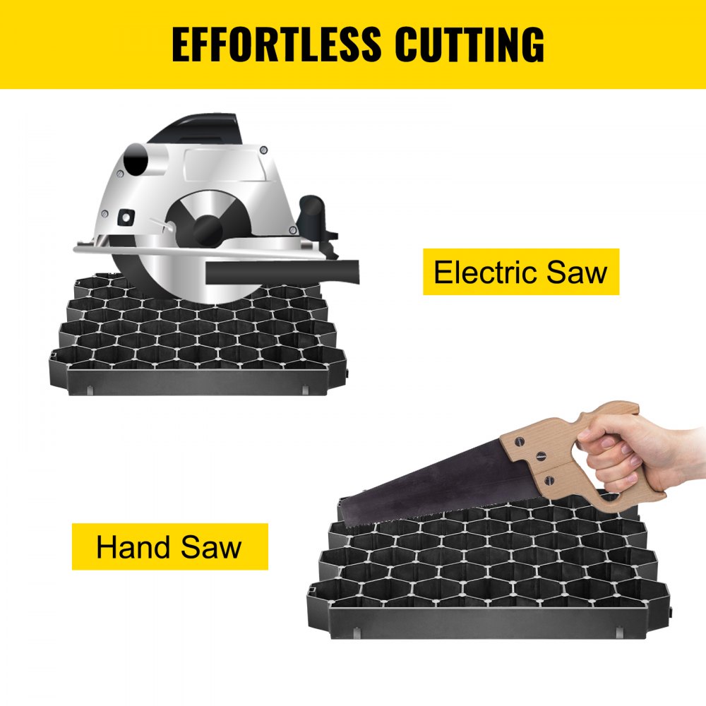 Adoquines permeables VEVOR de 1.9 in de profundidad, rejilla de entrada de grava, adoquines de césped entrelazados planos, base de cobertizo de plástico negro HDPE para paisajismo y refuerzo de suelo en estacionamientos/carriles de incendios (paquete de 4-11 Sf)