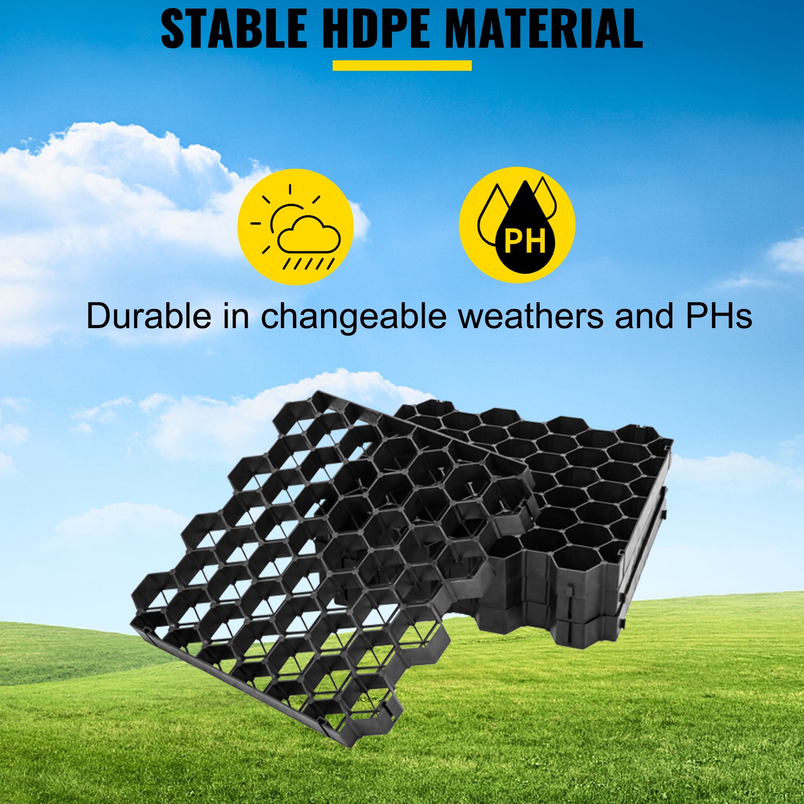 Adoquines permeables VEVOR de 1.9 in de profundidad, rejilla de entrada de grava, adoquines de césped entrelazados planos, base de cobertizo de plástico negro HDPE para paisajismo y refuerzo de suelo en estacionamientos/carriles de incendios (paquete de 4-11 Sf)