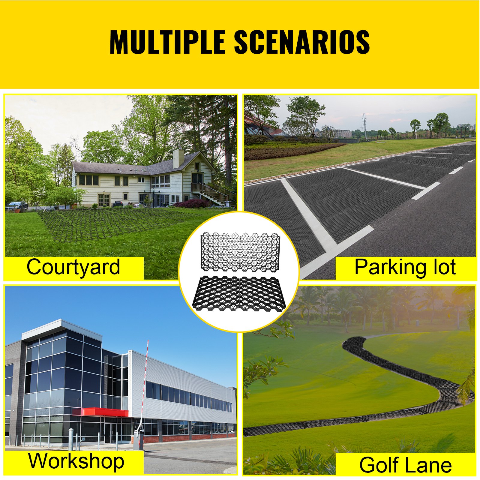 Adoquines permeables VEVOR de 1.9 in de profundidad, rejilla de entrada de grava, adoquines de césped entrelazados planos, base de cobertizo de plástico negro HDPE para paisajismo y refuerzo de suelo en estacionamientos/carriles de incendios (paquete de 4-11 Sf)