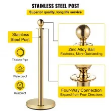 VEVOR Postes Separadores Cinta Extensible Barreras De Seguridad 5 pies/1,5 m puntal dorado de acero inoxidable con parte superior esférica
