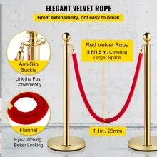 VEVOR Postes Separadores Cinta Extensible Barreras De Seguridad 5 pies/1,5 m puntal dorado de acero inoxidable con parte superior esférica