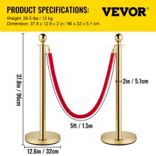 VEVOR Postes Separadores Cinta Extensible Barreras De Seguridad 5 pies/1,5 m puntal dorado de acero inoxidable con parte superior esférica