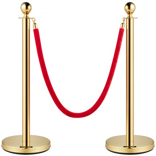 VEVOR Cuerdas y postes de terciopelo, cuerda roja de 5 pies/1,5 m, puntal dorado de acero inoxidable con parte superior esférica, barrera de control de multitudes roja utilizada para teatros, fiestas, bodas, exposiciones, taquillas, 4 paquetes
