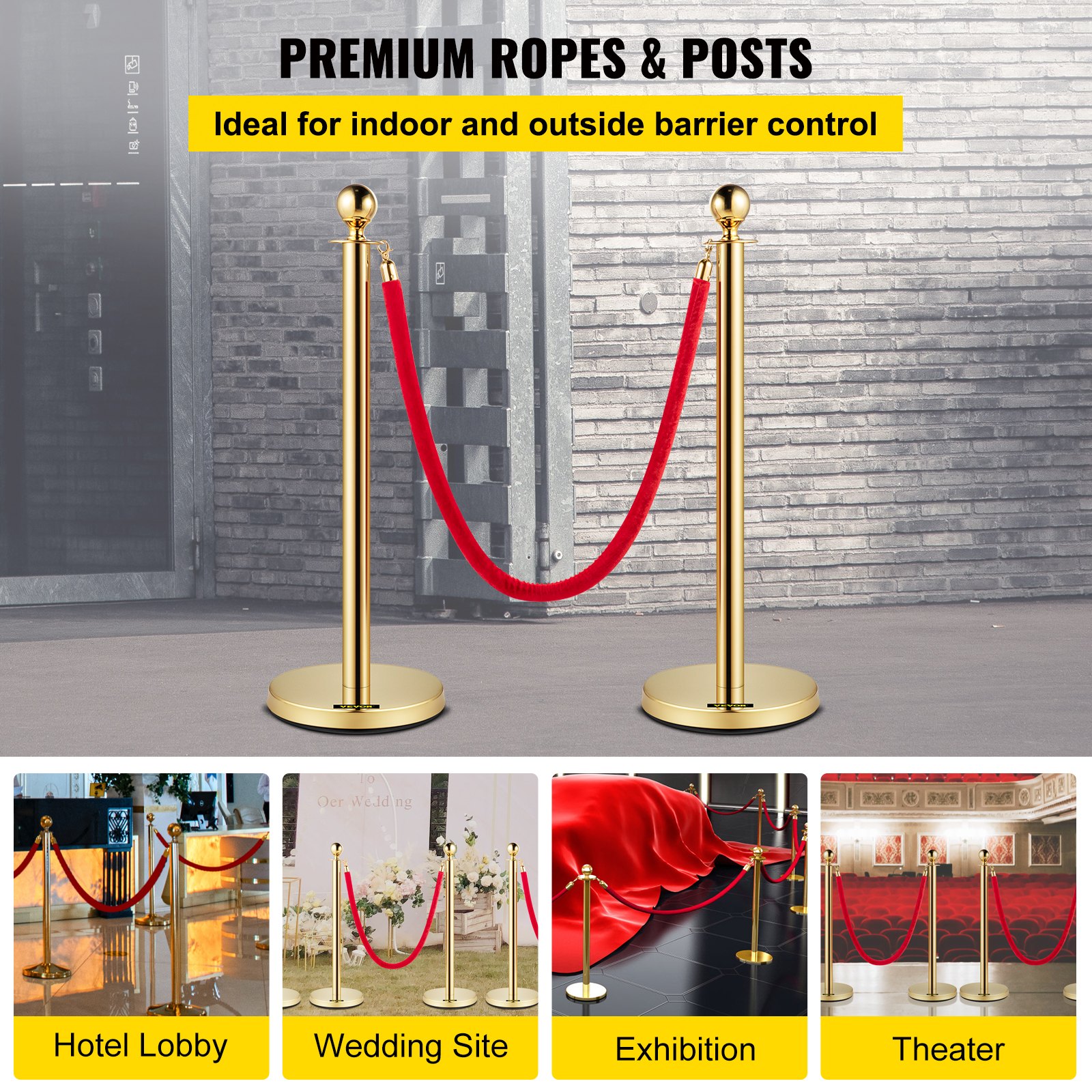 VEVOR Postes Separadores Cinta Extensible Barreras De Seguridad de 5 pies/1,5 m puntal dorado de acero inoxidable con parte superior esférica