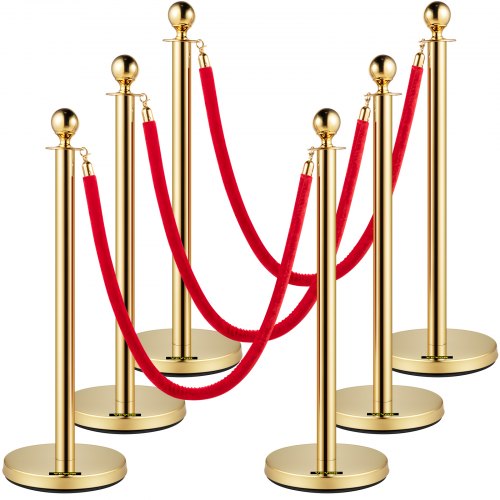 VEVOR Cuerdas y postes de terciopelo, cuerda roja de 5 pies/1,5 m, puntal dorado de acero inoxidable con parte superior esférica, barrera de control de multitudes roja utilizada para teatros, fiestas, bodas, exposiciones, boleterías (6)