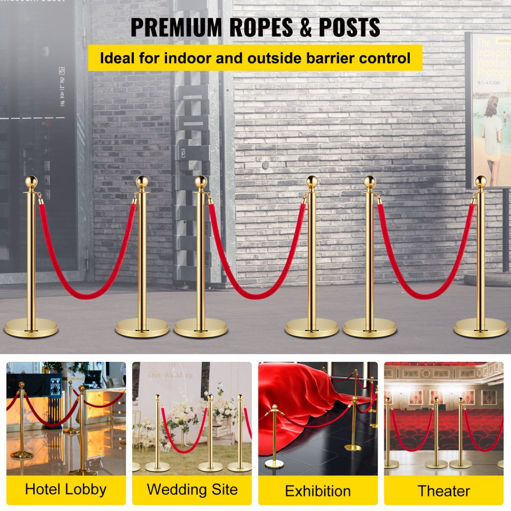 Cuerdas y postes de terciopelo VEVOR, cuerda roja de 1,5 m, poste dorado de acero inoxidable con bola en la parte superior, barrera roja para control de multitudes, ideal para teatros, fiestas, bodas, exposiciones y taquillas. Paquete de 6 unidades.