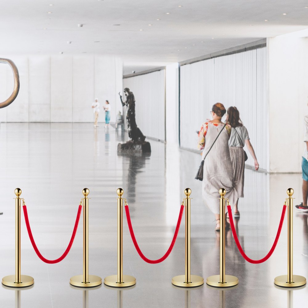 Cuerdas y postes de terciopelo VEVOR, cuerda roja de 1,5 m, poste dorado de acero inoxidable con bola en la parte superior, barrera roja para control de multitudes, ideal para teatros, fiestas, bodas, exposiciones y taquillas. Paquete de 6 unidades.