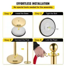 VEVOR Postes Separadores Cinta Extensible Barreras De Seguridad de 5 pies/1,5 m puntal dorado de acero inoxidable con parte superior esférica