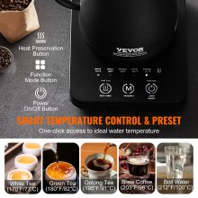 VEVOR Hervidor eléctrico con cuello de cisne de 1 L, control de temperatura para verter sobre café con 5 preajustes variables, caldera de té de agua caliente de acero inoxidable 304 de grado alimenticio y protección contra ebullición en seco, mantiene caliente, 1200 W