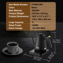 VEVOR Hervidor eléctrico con cuello de cisne de 1 L, control de temperatura para verter sobre café con 5 preajustes variables, caldera de té de agua caliente de acero inoxidable 304 de grado alimenticio y protección contra ebullición en seco, mantiene caliente, 1200 W