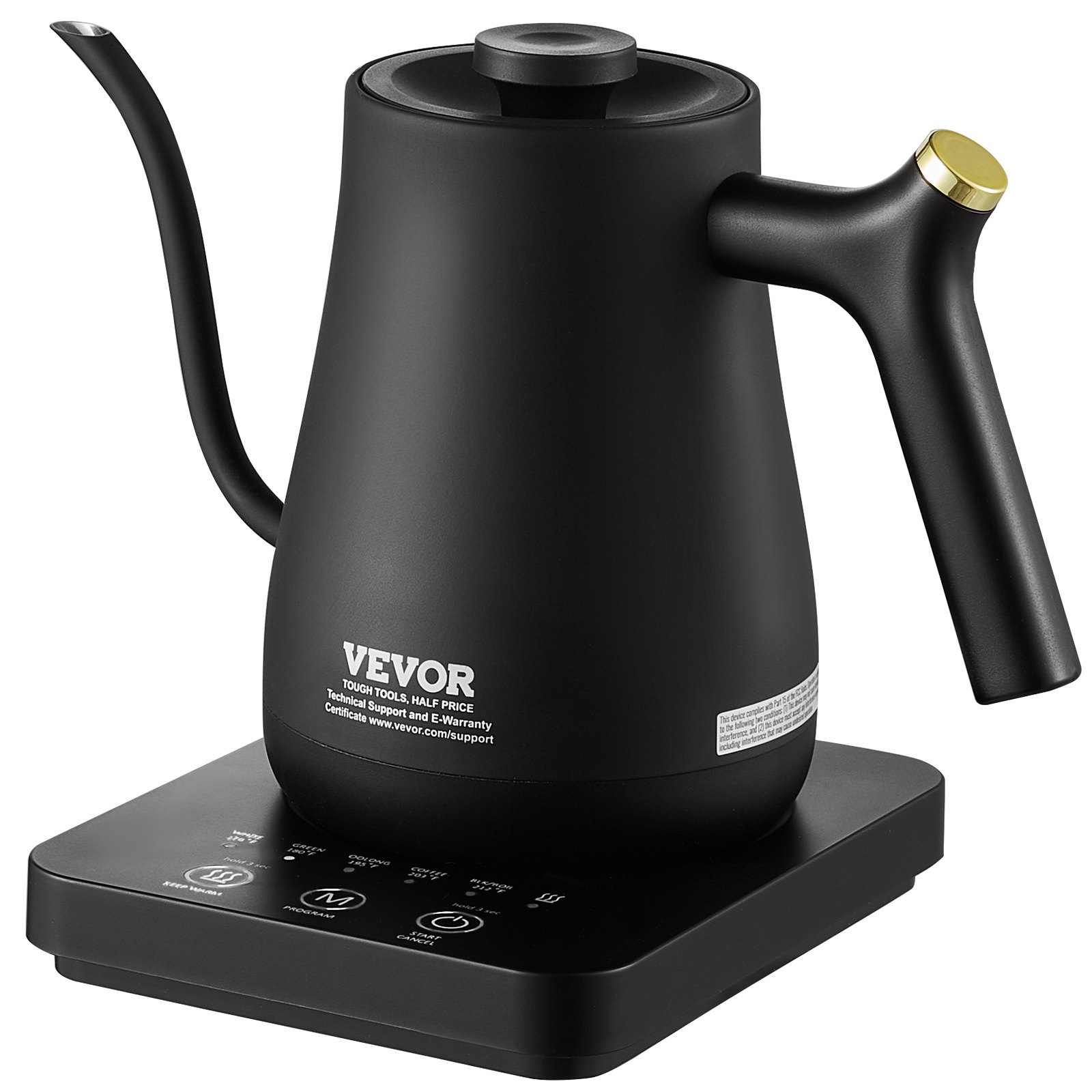 Hervidor de cuello de cisne eléctrico VEVOR en negro mate, diseño elegante con mango ergonómico y base digital.