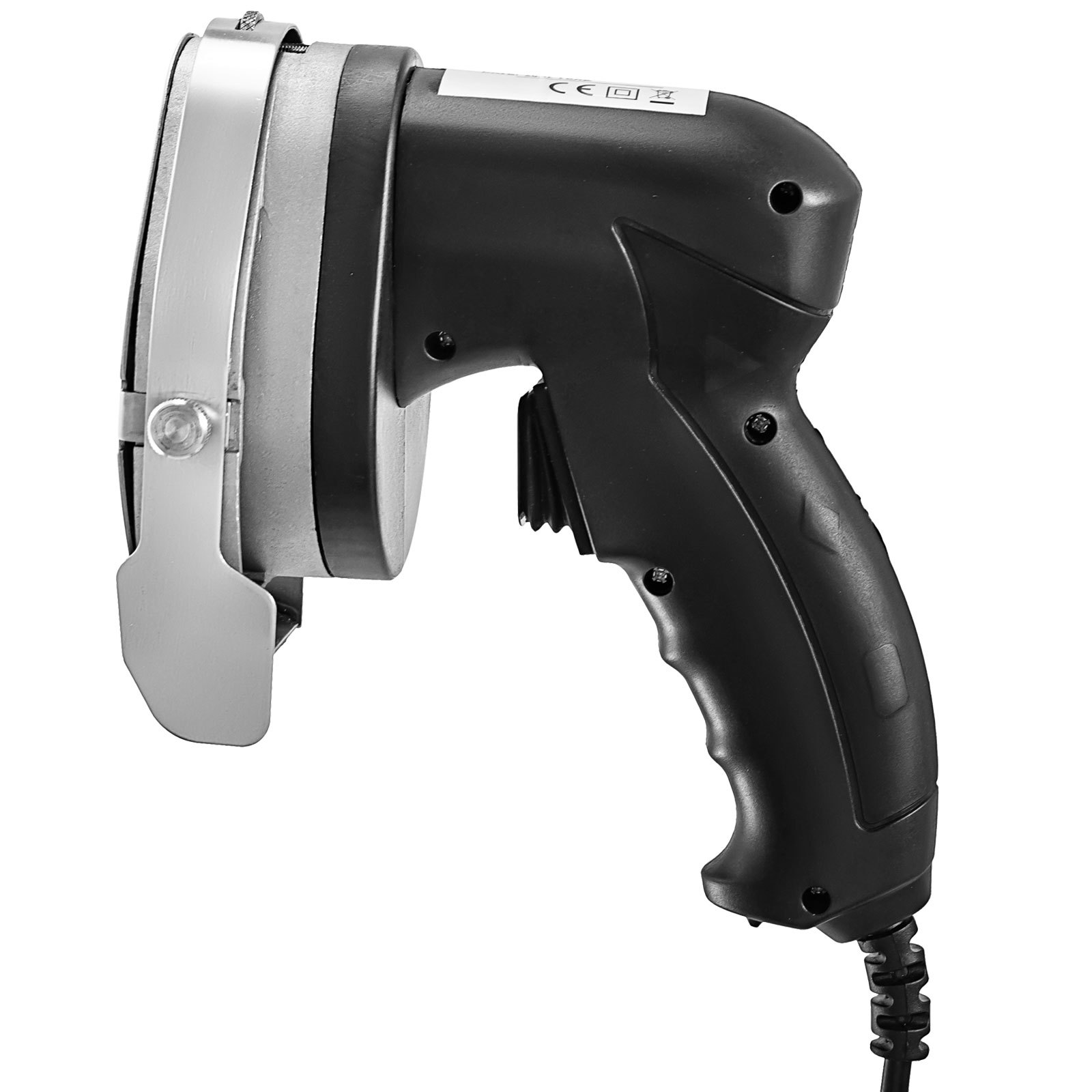 Cuchillo shawarma eléctrico VEVOR negro con mango ergonómico y protector de seguridad.