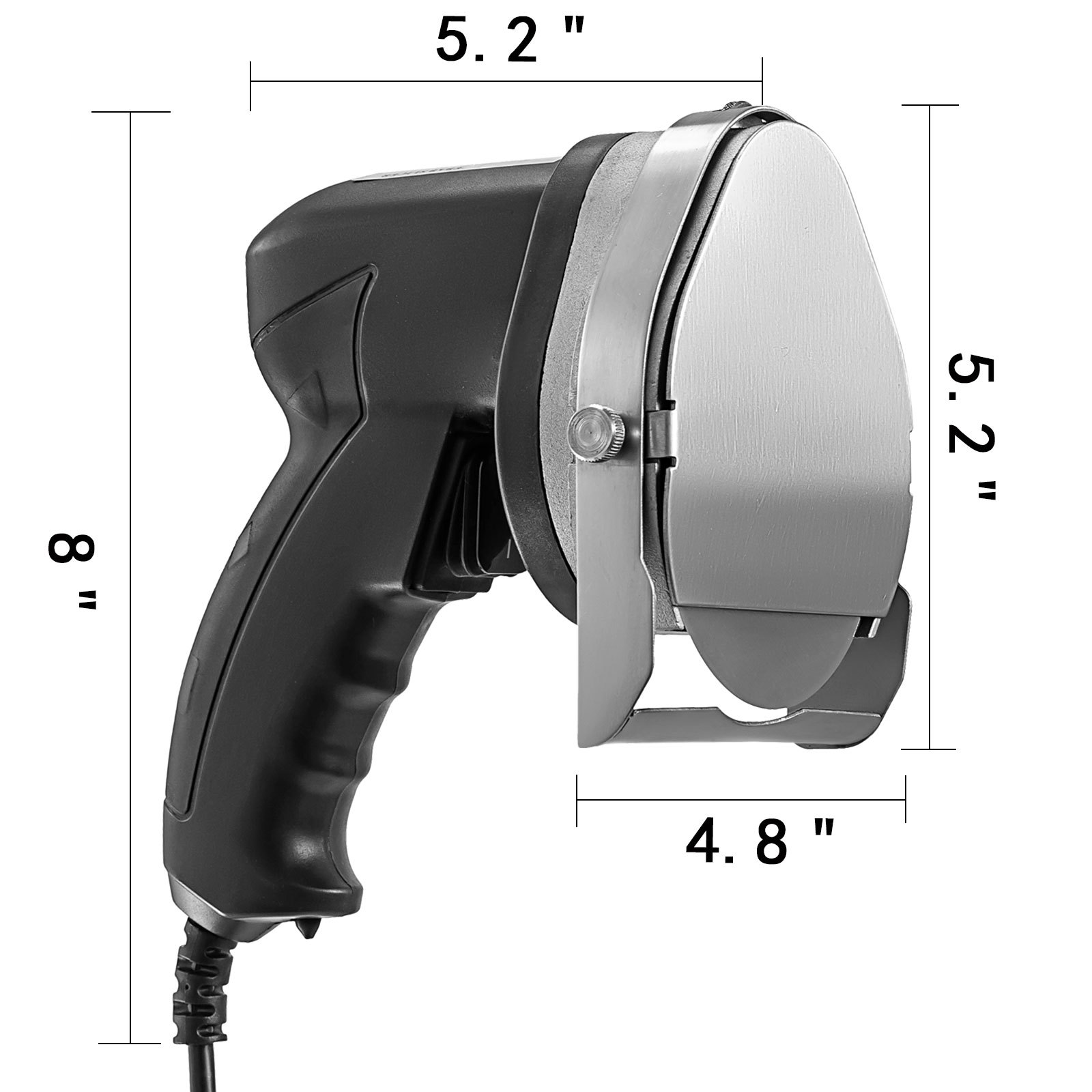 Cuchillo shawarma eléctrico VEVOR negro con dimensiones etiquetadas para largo y ancho.