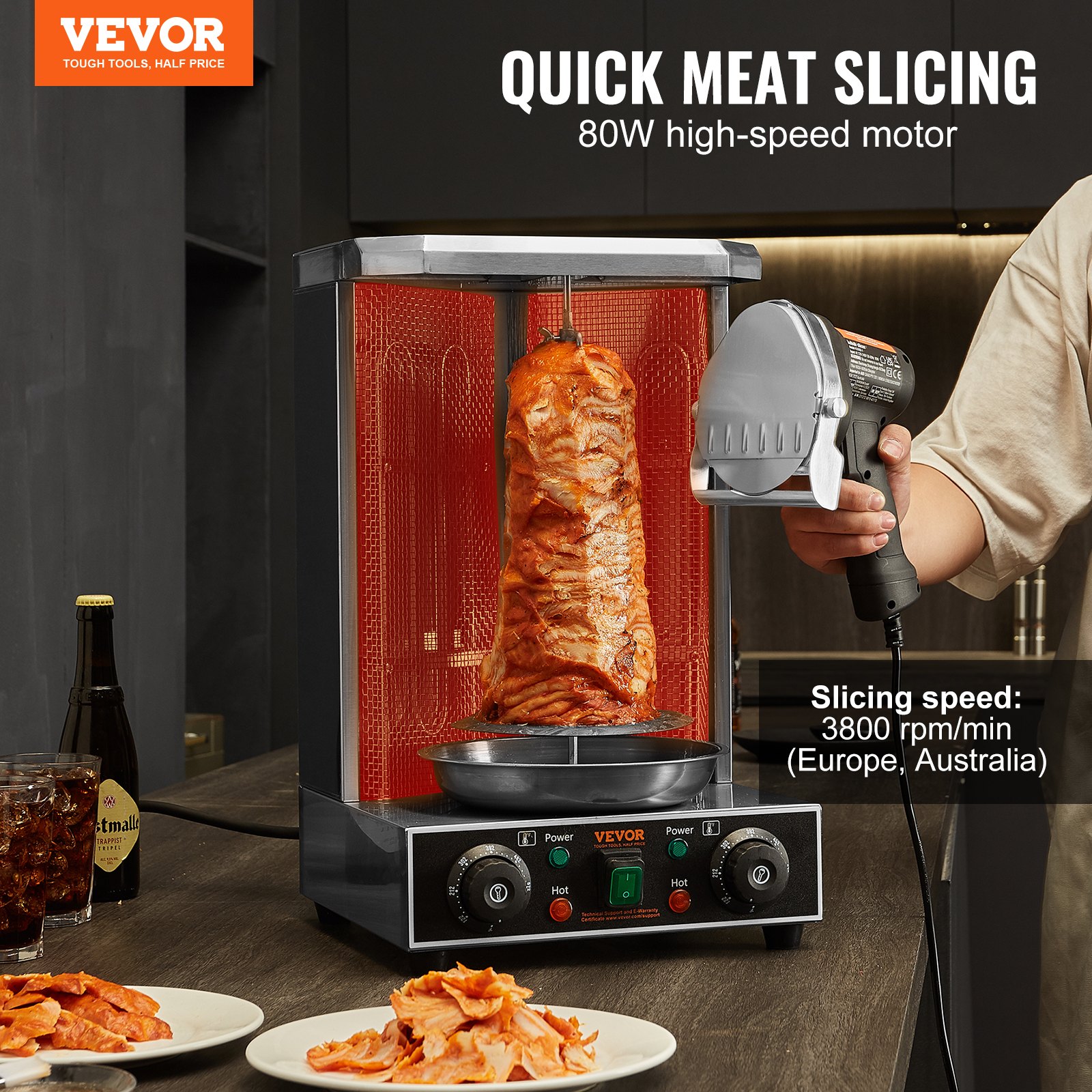 Cuchillo eléctrico para shawarma VEVOR, cuchillo profesional turco para kebab de 80 W, cortador de gyro comercial de acero inoxidable, cortador de carne para kebab döner con 2 cuchillas, diámetro de cuchilla de Φ4"/100 mm, grosor ajustable de 0 a 8 mm.