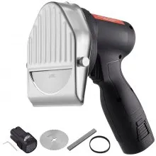 Cuchillo eléctrico para shawarma VEVOR, cuchillo turco profesional con batería inalámbrica de 80 W, cortador de giroscopio comercial de acero inoxidable, cortador de carne para doner kebab con 2 cuchillas, Φ4"/100 mm, grosor ajustable de 0 a 8 mm