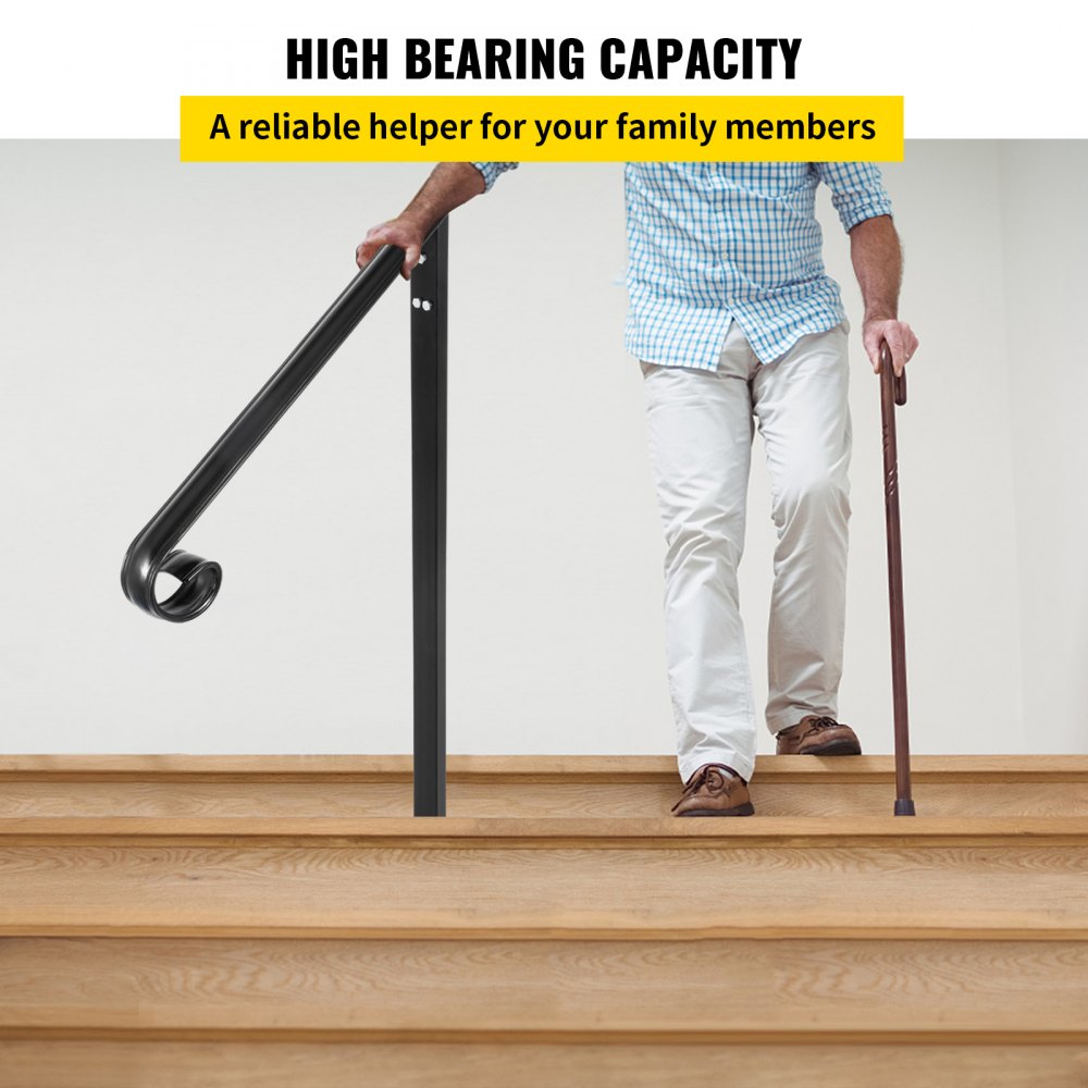 Barandilla VEVOR para 1 o 2 escalones, fabricada en hierro forjado auténtico, con soportes de acero inoxidable. Incluye kit de instalación. Barandilla para escalones exteriores - Negro mate.