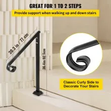 VEVOR Pasamanos se adapta a 1 o 2 escalones, pasamanos Material de metal de hierro real, pasamanos de hierro forjado real y soportes de poste de acero inoxidable, con kit de instalación Pasamanos para escalones al aire libre, negro mate
