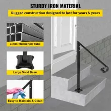 VEVOR Pasamanos se adapta a 1 o 2 escalones, pasamanos Material de metal de hierro real, pasamanos de hierro forjado real y soportes de poste de acero inoxidable, con kit de instalación Pasamanos para escalones al aire libre, negro mate