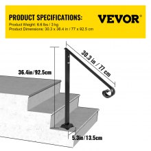 VEVOR Pasamanos se adapta a 1 o 2 escalones, pasamanos Material de metal de hierro real, pasamanos de hierro forjado real y soportes de poste de acero inoxidable, con kit de instalación Pasamanos para escalones al aire libre, negro mate