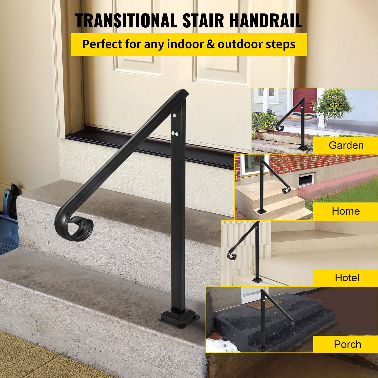 VEVOR Pasamanos se adapta a 1 o 2 escalones, pasamanos Material de metal de hierro real, pasamanos de hierro forjado real y soportes de poste de acero inoxidable, con kit de instalación Pasamanos para escalones al aire libre, negro mate