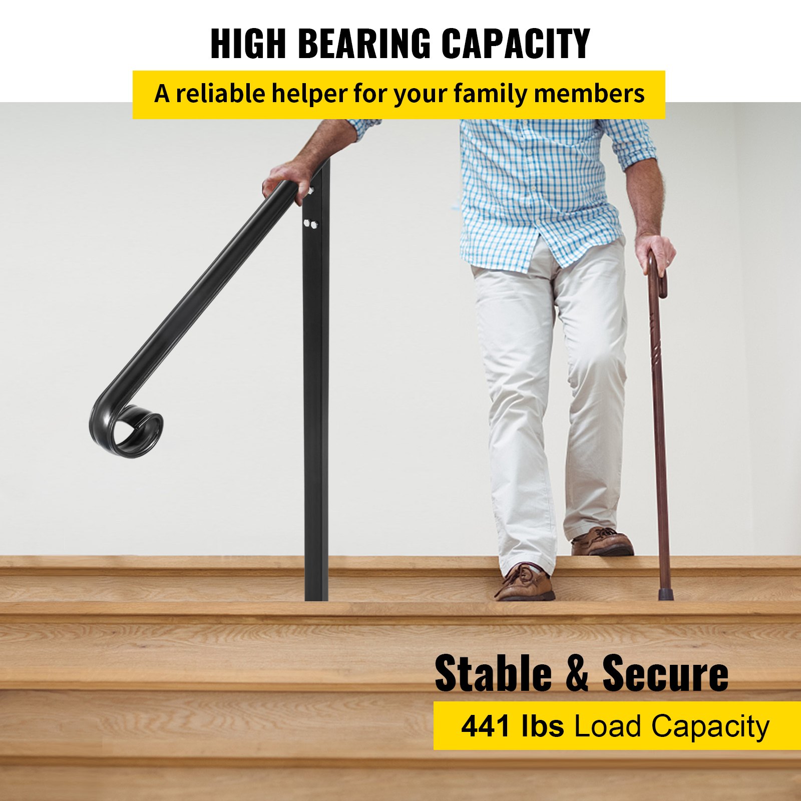 VEVOR Pasamanos se adapta a 1 o 2 escalones, pasamanos Material de metal de hierro real, pasamanos de hierro forjado real y soportes de poste de acero inoxidable, con kit de instalación Pasamanos para escalones al aire libre, negro mate