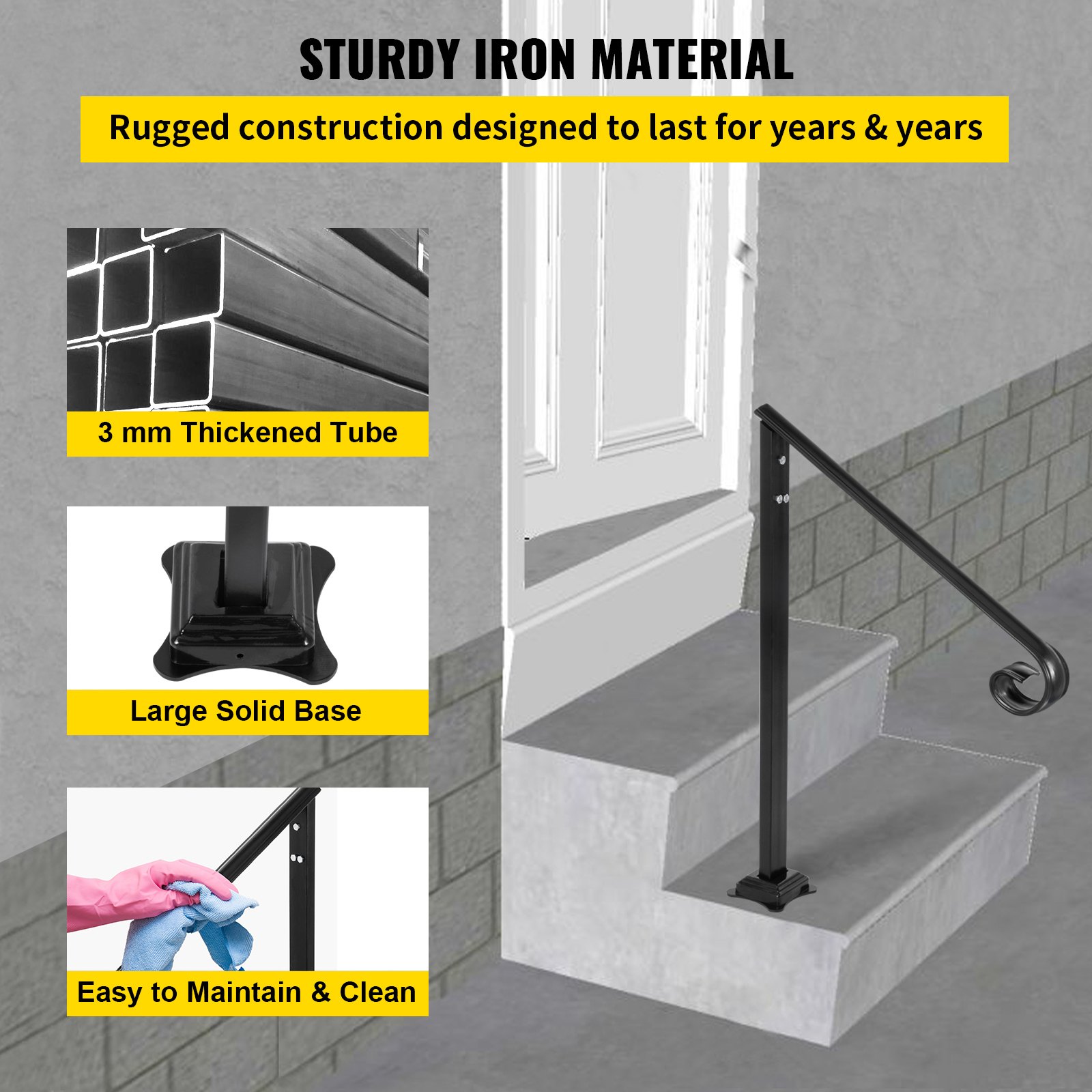 VEVOR Pasamanos se adapta a 1 o 2 escalones, pasamanos Material de metal de hierro real, pasamanos de hierro forjado real y soportes de poste de acero inoxidable, con kit de instalación Pasamanos para escalones al aire libre, negro mate