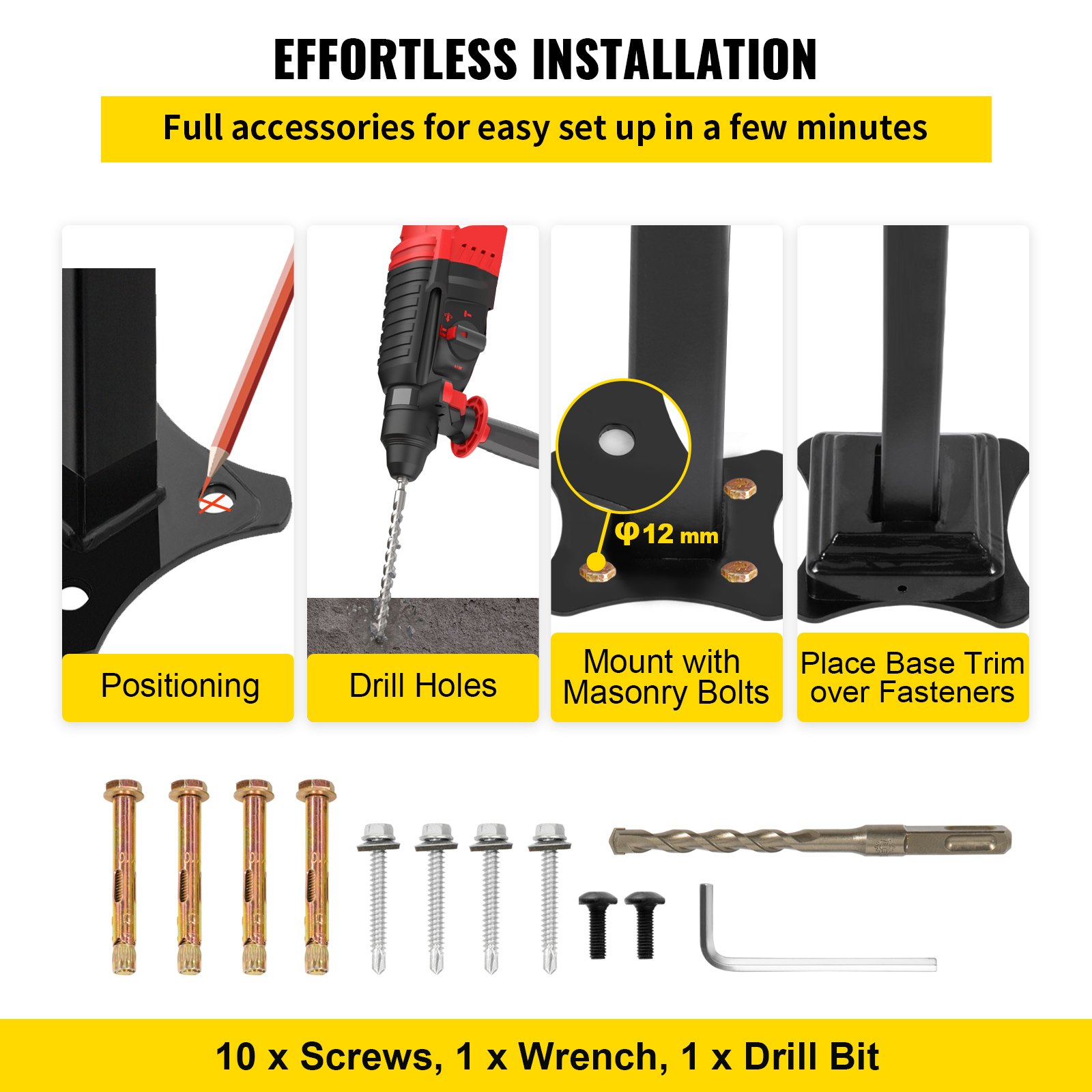 VEVOR Pasamanos se adapta a 1 o 2 escalones, pasamanos Material de metal de hierro real, pasamanos de hierro forjado real y soportes de poste de acero inoxidable, con kit de instalación Pasamanos para escalones al aire libre, negro mate