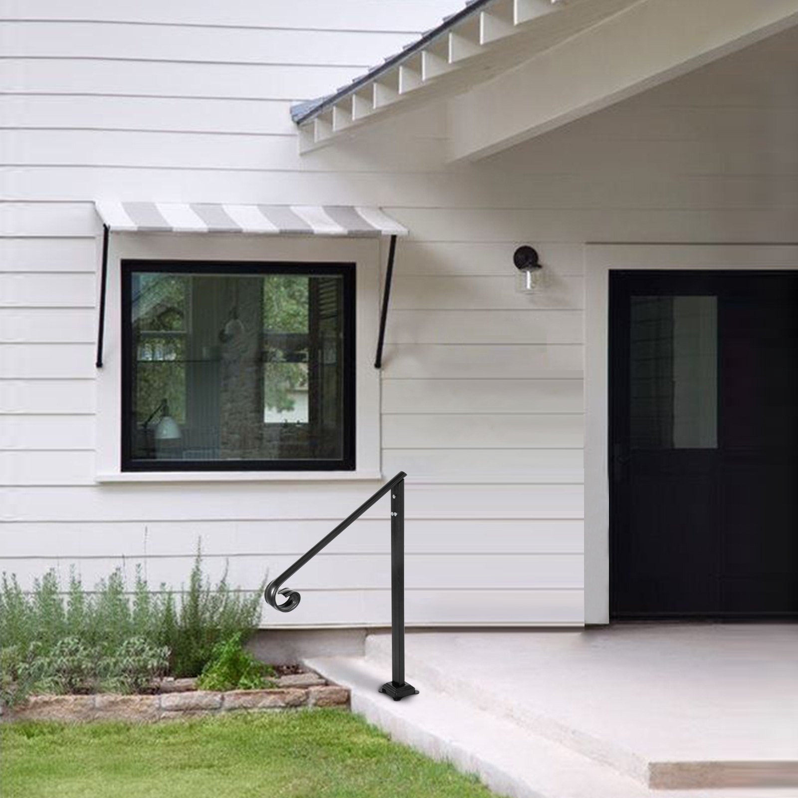 VEVOR Pasamanos se adapta a 1 o 2 escalones, pasamanos Material de metal de hierro real, pasamanos de hierro forjado real y soportes de poste de acero inoxidable, con kit de instalación Pasamanos para escalones al aire libre, negro mate