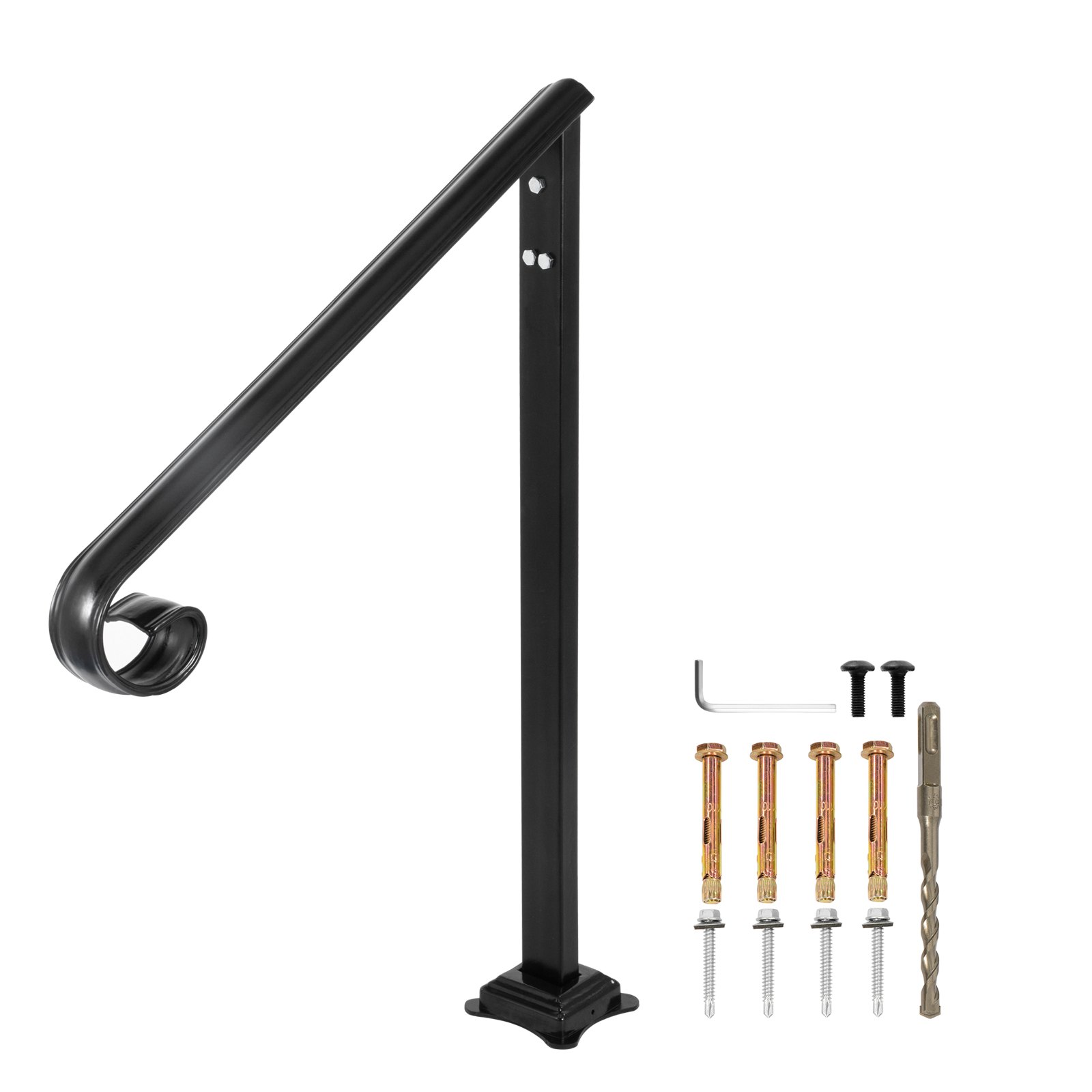 VEVOR Pasamanos se adapta a 1 o 2 escalones, pasamanos Material de metal de hierro real, pasamanos de hierro forjado real y soportes de poste de acero inoxidable, con kit de instalación Pasamanos para escalones al aire libre, negro mate