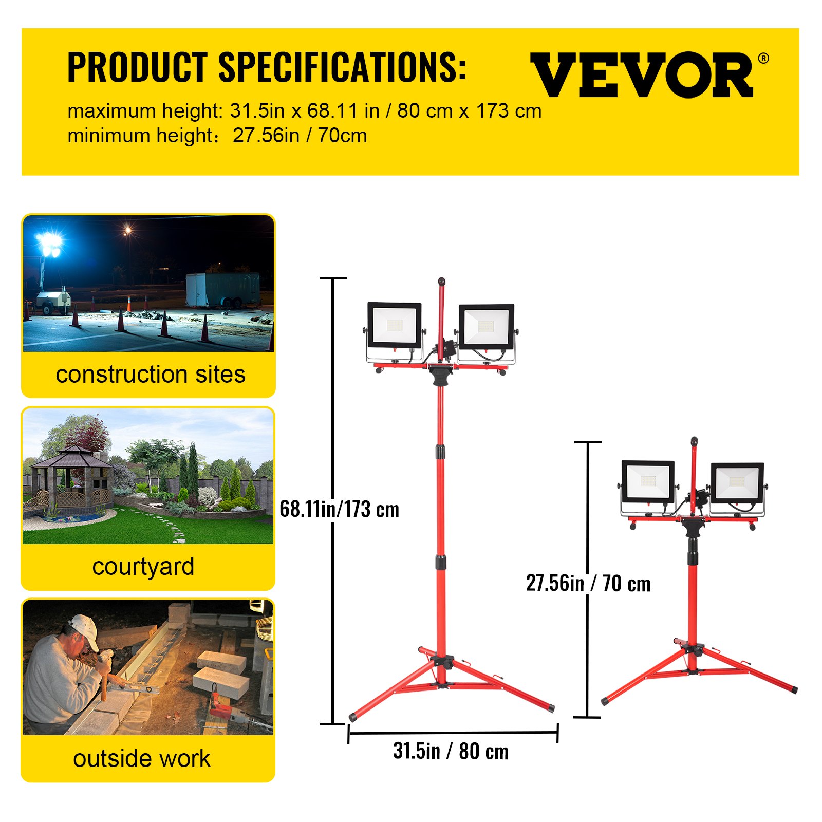 Luz de trabajo LED de doble cabezal VEVOR Luz de trabajo LED de 15000 lúmenes con trípode 27.6-68.1 "