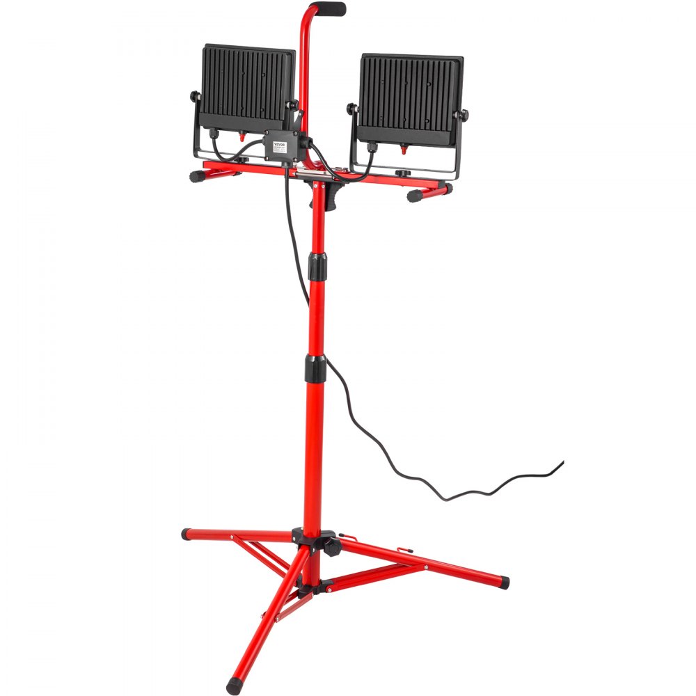 Luz de trabajo LED VEVOR de doble cabezal roja sobre trípode ajustable con cable de alimentación.