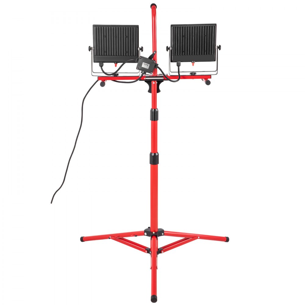 Trípode rojo con luces de trabajo LED duales VEVOR y alturas ajustables.