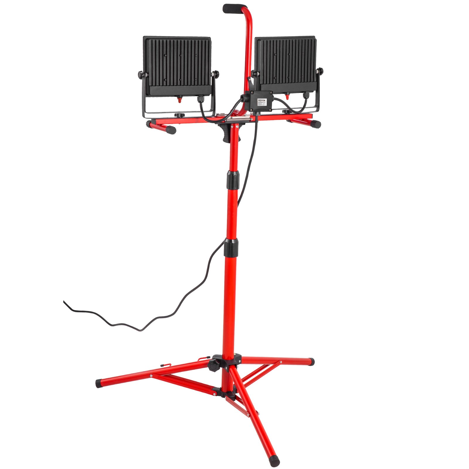 Luz de trabajo LED roja VEVOR sobre trípode ajustable con luces duales y cables.