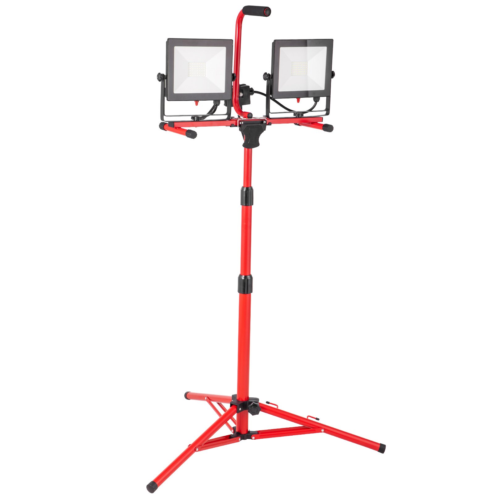 Luz de trabajo LED VEVOR de doble cabezal roja sobre trípode ajustable.