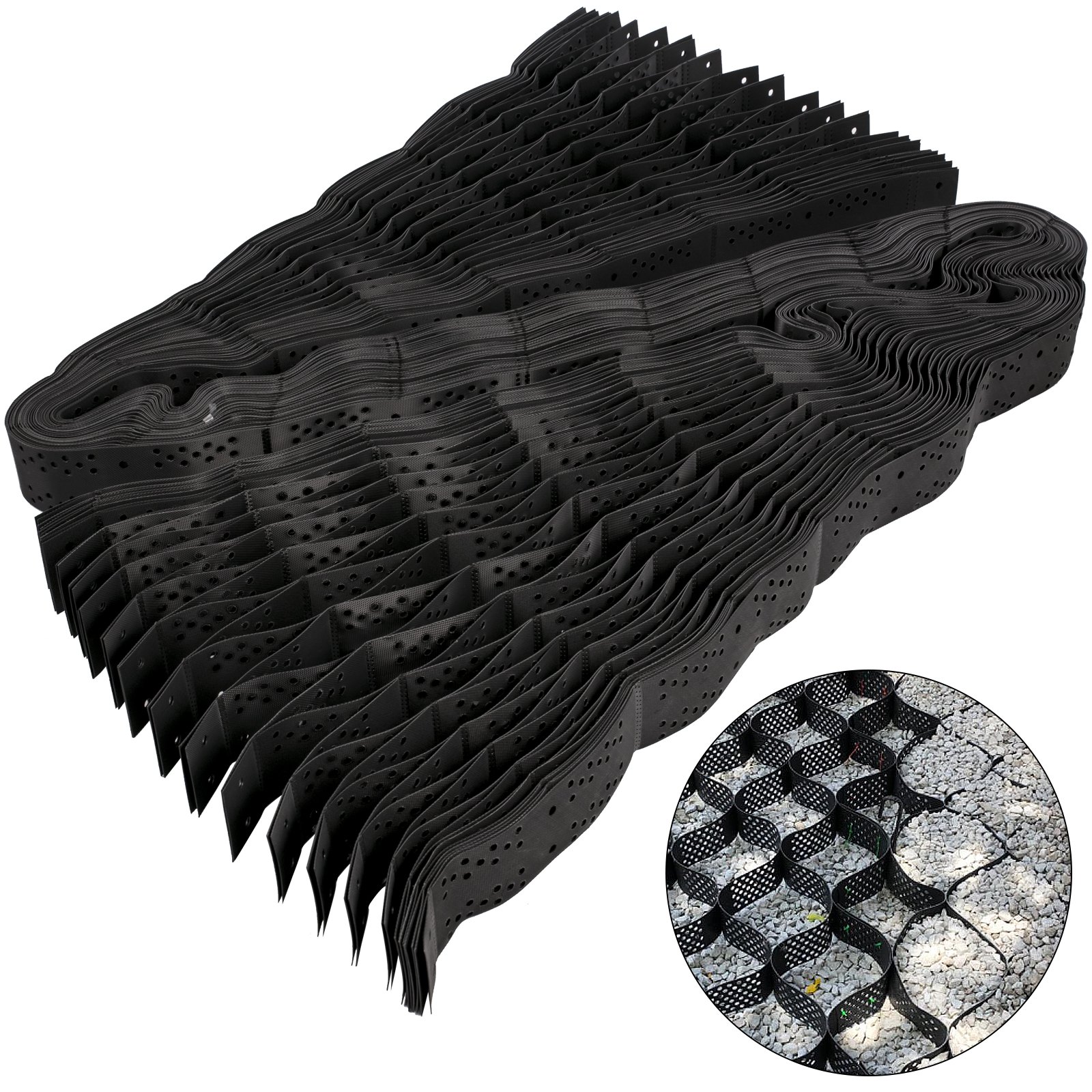 Estabilización del suelo con rejilla geodésica VEVOR negra con un primer plano de celdas rellenas de grava.