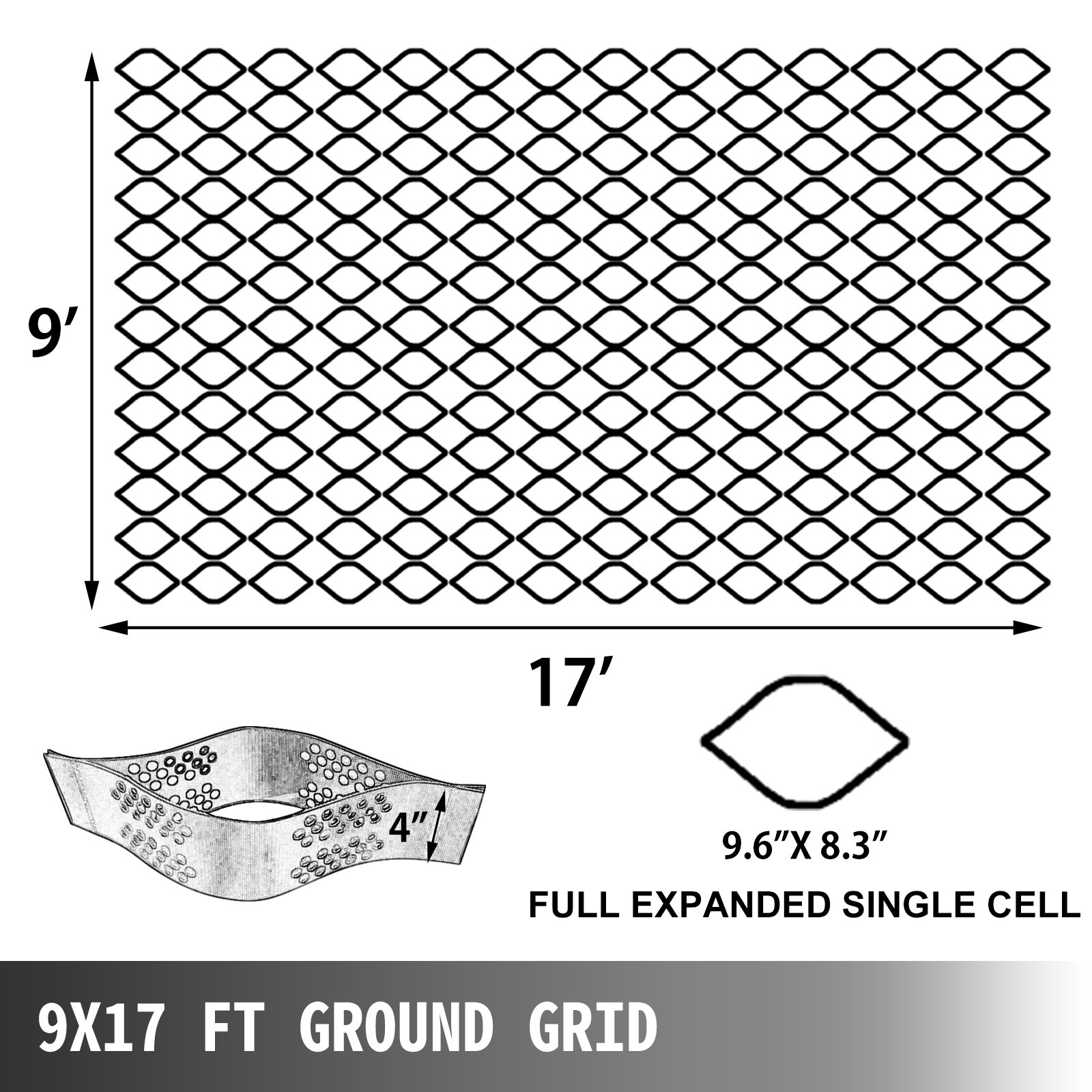 Estabilización de suelo con rejilla geodésica VEVOR de 9 x 17 pies con celdas de 4 pulgadas para soporte del suelo.