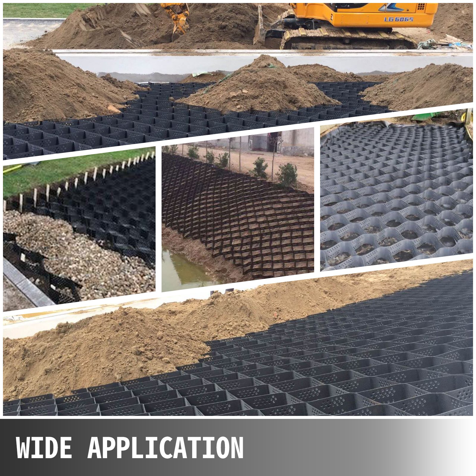 Estabilización de suelo mediante geomalla VEVOR instalada en un sitio de construcción para el control de la erosión.