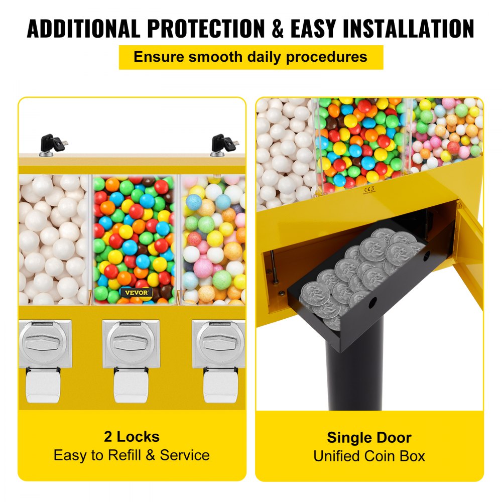 Máquina expendedora de caramelos de tres cabezales VEVOR, máquina expendedora de chicles de 1 pulgada, máquina expendedora de chicles comercial con soporte y tamaño de salida de caramelos ajustable, máquina expendedora de caramelos para el hogar, tiendas de juegos