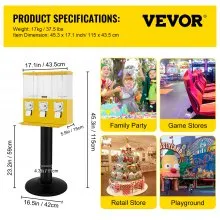 VEVOR Máquina expendedora de caramelos de triple cabezal, máquina expendedora de chicles de 1 pulgada, máquina expendedora comercial de chicles con soporte y tamaño de salida de caramelos ajustable, máquina expendedora de caramelos para el hogar, tiendas de juegos
