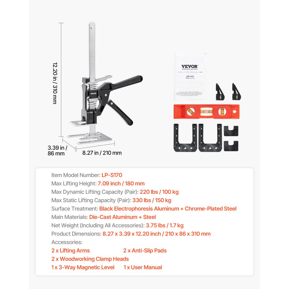 Gato de brazo VEVOR, 2 unidades, capacidad de carga de 150 kg, capacidad de elevación de hasta 18 cm, herramienta de elevación manual de metal con nivel magnético, altura ajustable, para puertas, ventanas, muebles y carpintería, color negro