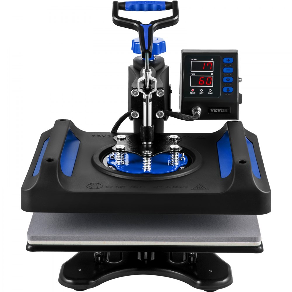 Máquina de prensado térmico VEVOR, negra y azul, con pantalla digital y asa.