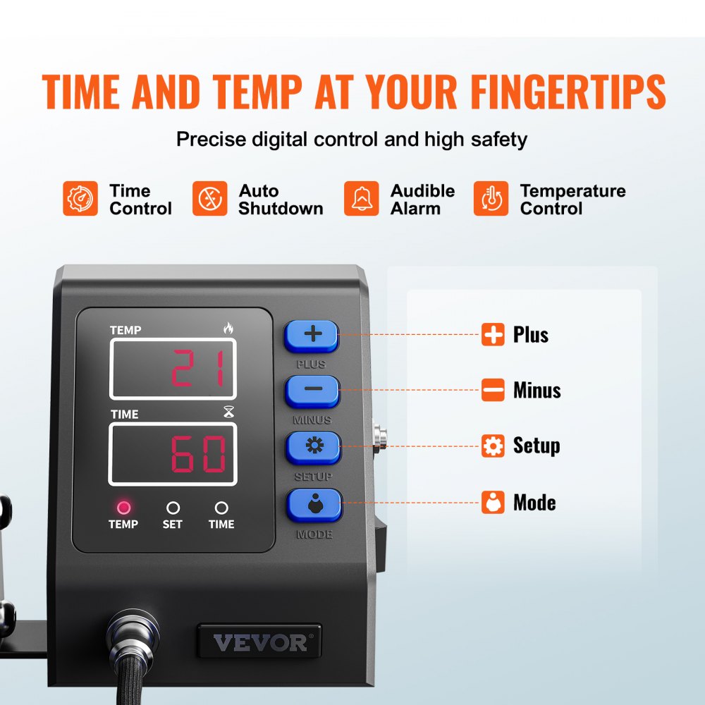 Panel de control de la máquina de prensado térmico VEVOR con configuraciones digitales de tiempo y temperatura.