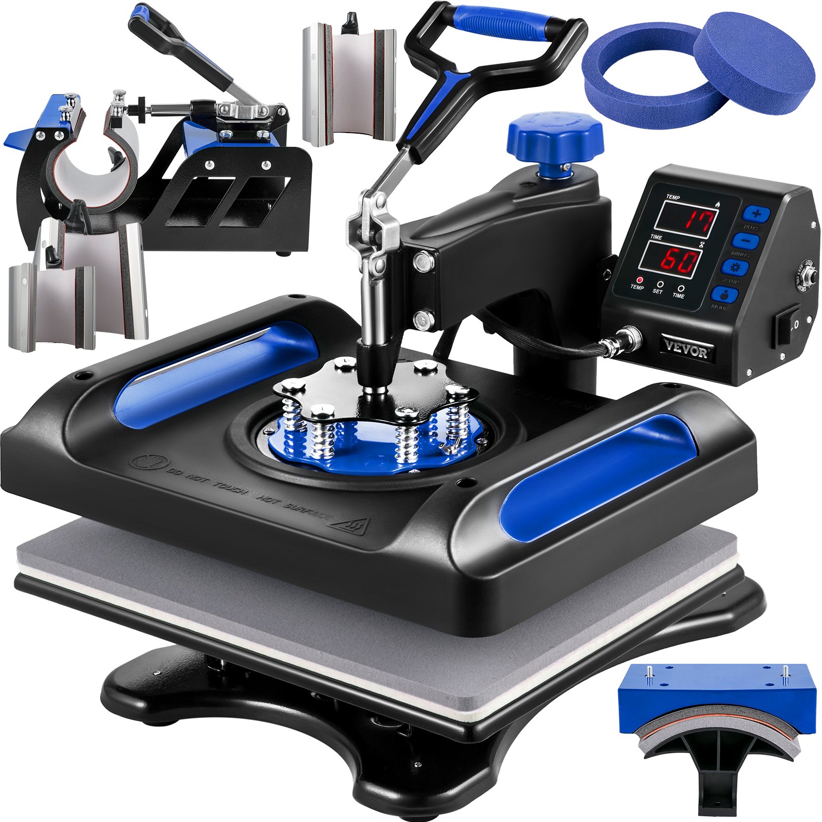 Máquina de prensado térmico VEVOR con detalles azules, pantalla LCD y piezas intercambiables.