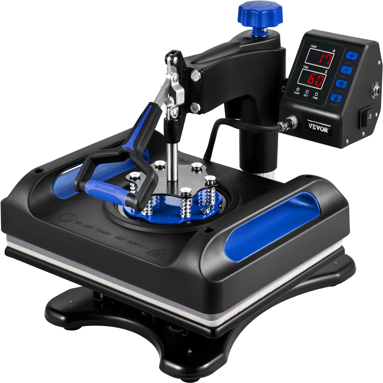 Máquina de prensado térmico VEVOR con pantalla digital y asa en diseño negro y azul.